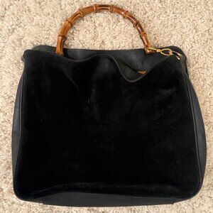 Dark Blue Suede Bamboo Handle GUCCI Bag